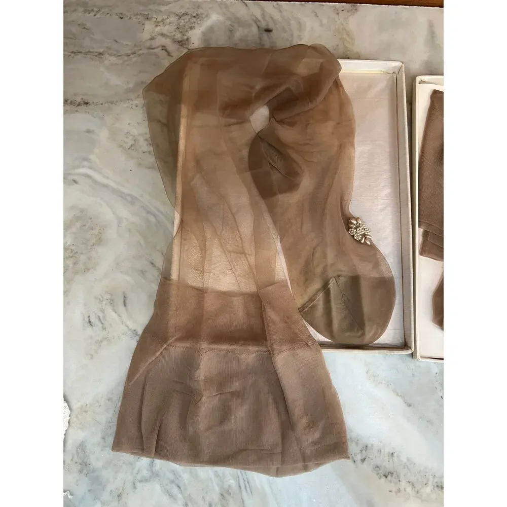Vintage Christian Dior Miss Dior Pearl Embellished Stockings Sheer Nude